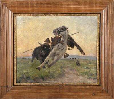Bull charging against Man on horseback