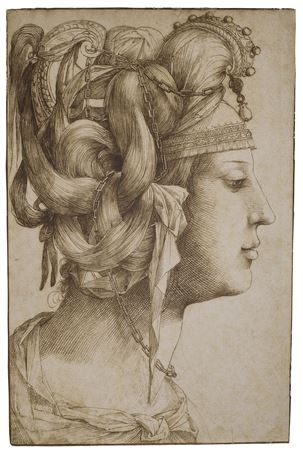 The head of a woman in profile to the right, wearing an elaborate headdress with a pearl resting on her forehead