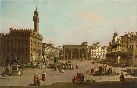 Florence, looking South with a view of the Piazza della Signoria with the Palazzo Vecchio and the Loggia dei Lanzi