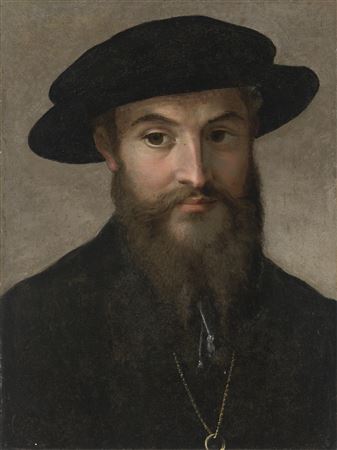 Portrait of a bearded man, bust-length, in a black hat, wearing a gold chain with a ring by Francesco (Parmigianino) Mazzola - Auction record, sale price, and art valuation. Compare with similar artists and explore comparable artworks.