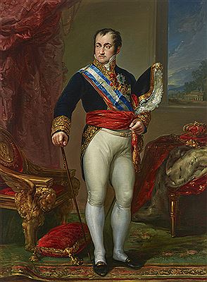 King Ferdinand VII of Spain (1784-1833), full length, in the uniform of Capitán General, wearing the Order of the Golden Fleece and other military orders, standing before a table draped with the Spanish regalia