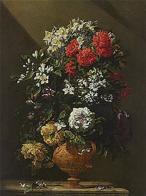 Roses, carnations and other flowers in an urn on a carved stone ledge