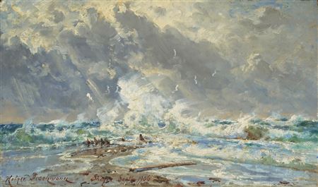 Fra Skagen, hvor Skagerak og Kattegat mødes på Grenen (From Skagen, where Skagerak and Kattegat meet at Grenen) by Holger Henrik Herholdt Drachmann - Auction record, sale price, and art valuation. Compare with similar artists and explore comparable artworks.
