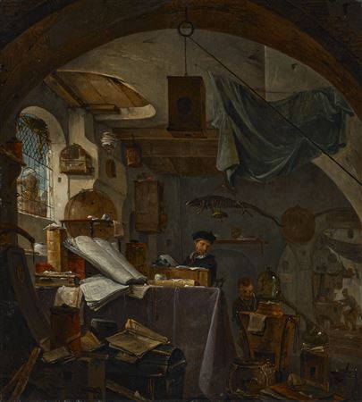 An alchemist in his study with two assistants in the background