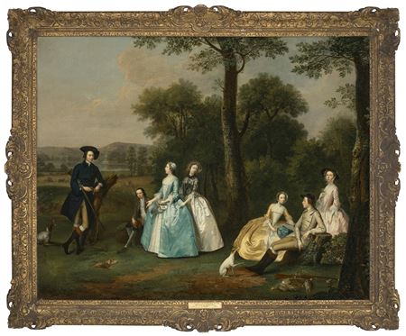Group portrait of Peregrine Bertie, 3rd Duke of Ancaster (1714-1778) with his brothers and sisters, in a landscape