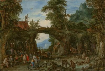 A mountainous wooded landscape with hermits and a mass being held at a shrine