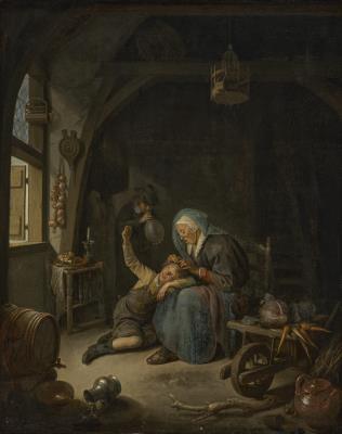 A cottage interior with an old woman ('Rembrandt's Mother') delousing a boy's hair