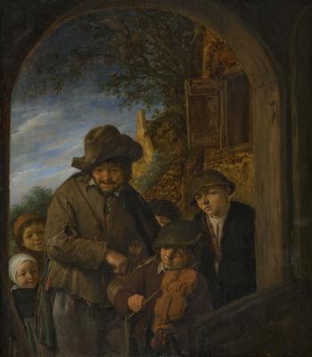 A hurdy-gurdy player with a young violinist and four other children in a doorway