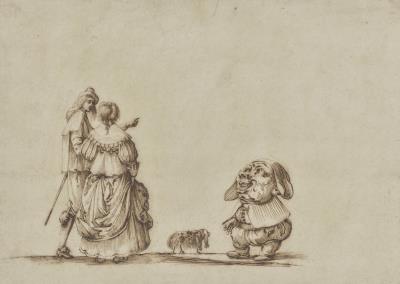 A dwarf addressing an elegant couple walking their dog