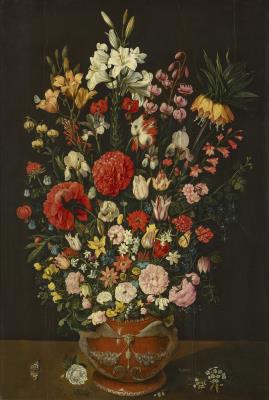 Tulips, peonies, roses, crown imperial, lilies, anemones, irises, carnations, sneak's head fritillary, forget-me-not, lily-of-the-valley, love-in-a-mist, cyclamen and other flowers in a terracotta vase, on a ledge with a butterfly and other insects