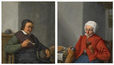 A man holding a pipe, in an interior; and A woman holding a jug and a glass of beer, in an interior