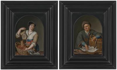 A woman selling fish and shrimp; and A man selling fish (2)