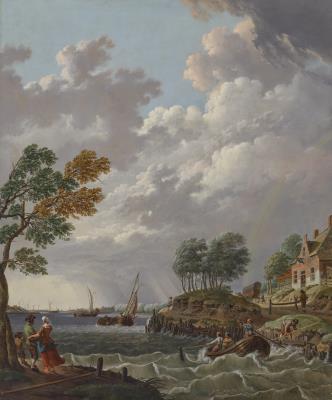 A river landscape in a storm, with sailing vessels and a rowing boat in choppy waters, a rainbow in the distance by Heinrich Wilhelm Schweickardt - Auction record, sale price, and art valuation. Compare with similar artists and explore comparable artworks.
