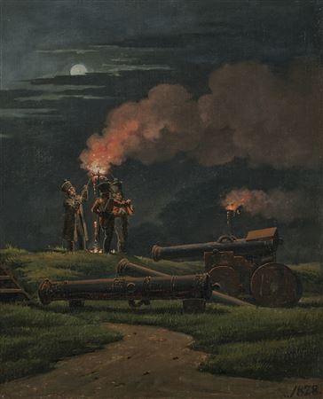 Artillerymen on guard at the Citadel of Copenhagen with Pitch Torches lit on the Occasion of the Crownprince Frederik (VII) marrying Princess Wilhelmina