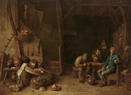 Men drinking and smoking in a barn
