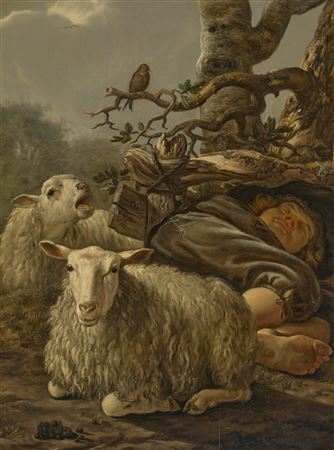 A sleeping shepherd with two sheep, in a landscape