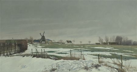 Winter landscape with a windmill