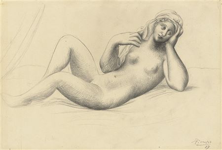 Femme nue allongée et coiffée d'un turban