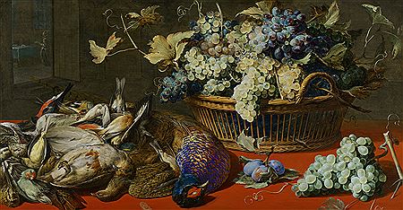 Game, plums and grapes on a red table cloth, next to a basket of grapes