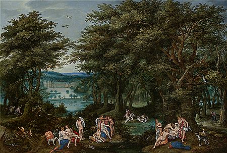 A forest landscape with Diana discovering the pregnancy of Callisto, with a view of the Priory of Groenendael in the background