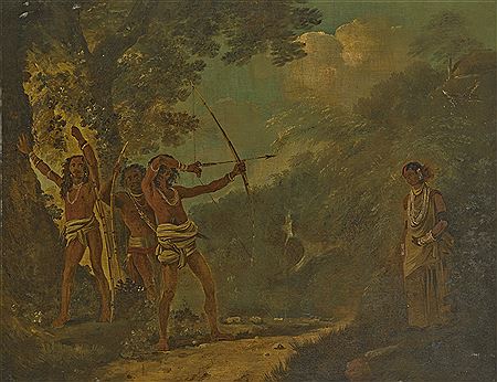 Paharia tribesmen, with bows and arrows, and a Bengali woman in a wooded landscape
