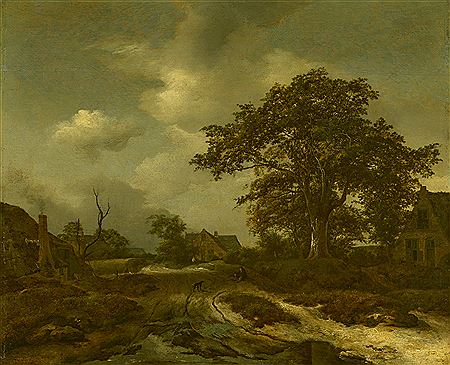 A wooded landscape with cottages, villagers and a dog beyond