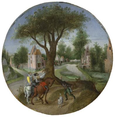 An Allegory of Autumn or September: Two elegant riders with a hawk before a village landscape