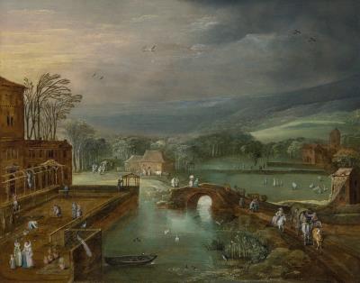 Spring: A river landscape with figures, wagons and cattle crossing a bridge, a palace with a walled garden at left