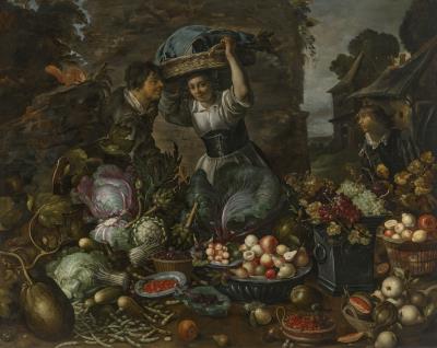 A market stall laden with fruit and vegetables, with a man gesturing towards the produce, and a woman carrying a basket of goods, next to a young boy looking on