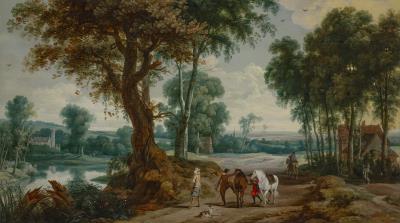 An extensive landscape with riders on a path, a man fishing in a lake, a chateau at left, with a church on the distant horizon