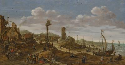 A coastal scene with boats drawn up on a beach by a village