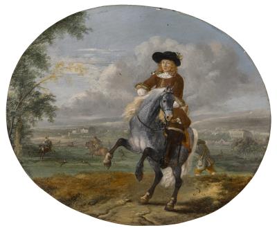 A portrait of a young man on a grey mount, a landscape with a deer hunt beyond