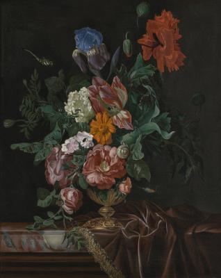 Tulips, roses, irises and other flowers in an ornate gilded vase, with a dragonfly and a snail, on a marble ledge draped with velvet