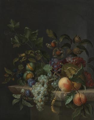 Grapes, peaches, plums, blackberries, rosehips, a melon, an ear of barley, a vine tendril, chestnuts, walnuts and hazelnuts with a fly, caterpillar and beetle on a stone ledge