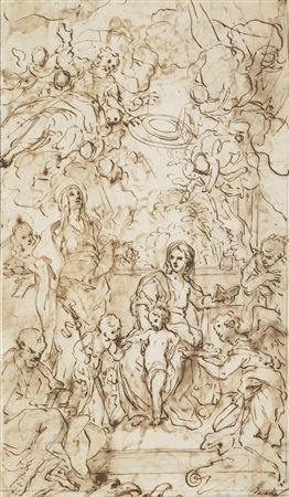 Holy Family with Saint Anne and Saint John the Baptist surmounted by God the Father and cherubs (recto); Various studies including caricatures and inscriptions (verso)