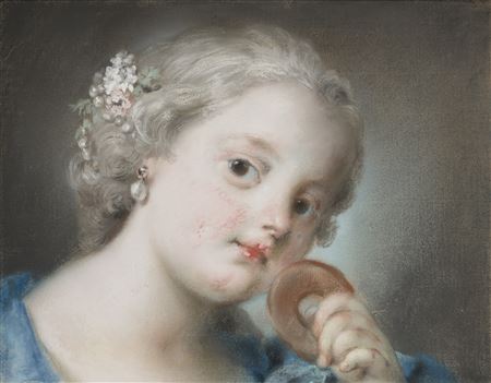 Head of a young girl with a pearl, flowers in her hair