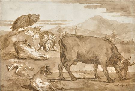 Cow in a landscape with goat, turtle and owl