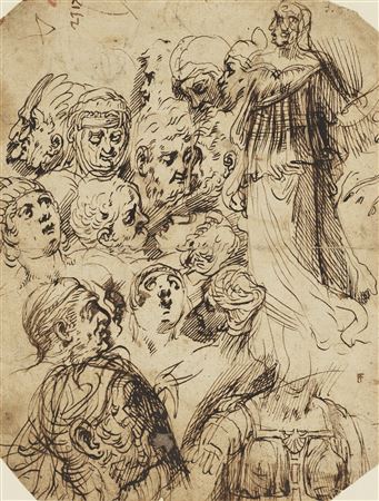 Study of faces and full-length figures (recto); Scene of martyrdom (verso)