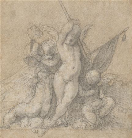Quatre putti tenant deux étendards et un casque