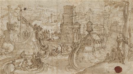 Religious procession in a port with two galleys at the quay (recto); Traces of architectural sketches (verso)
