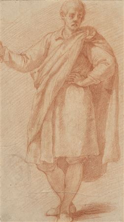 Study of a standing man in a coat (recto); Sketch of a standing man in a hat with a reprise of his left hand holding a sword (verso)