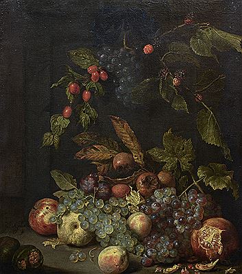 Nature morte aux raisins, pommes, nèfles, mûres, prunes et autres fruits