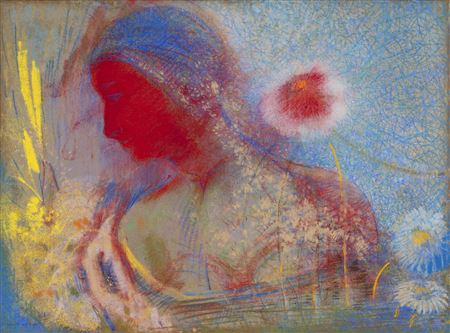 Tête de femme rouge, entourée d'une germination de fleurs