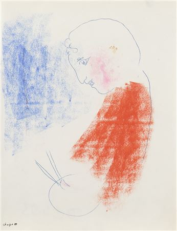 Painter in profile in red and blue