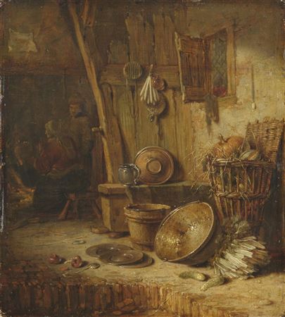Intérieur de chaumière avec un homme et une femme devant une cheminée