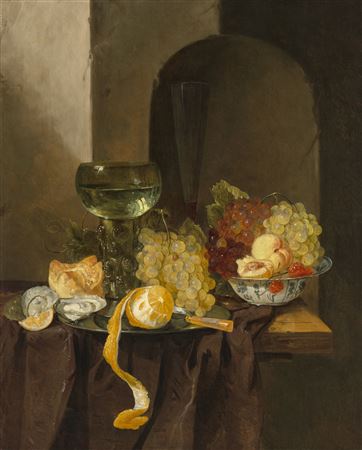 Nature morte aux huîtres, raisins, autres fruits et au roemer