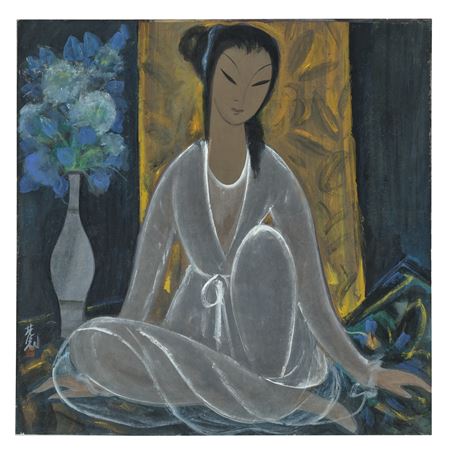 Lady with blue flowers