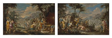Moïse et Aaron recueillant les offrandes pour la construction du Temple ; Moïse faisant jaillit l'eau du rocher