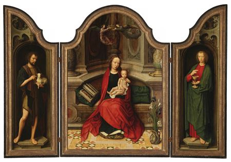 Triptyque ouvert : Saint Jean Baptiste ; Vierge à l'Enfant assise sur un trône richement sculpté ; Saint Jean l'Évangéliste Triptyque fermé : L'Annonciation (grisaille)