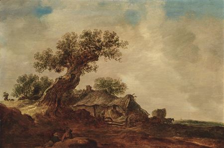 Paysage de dunes avec une chaumière près d'un chêne, une prairie à l'arrière-plan